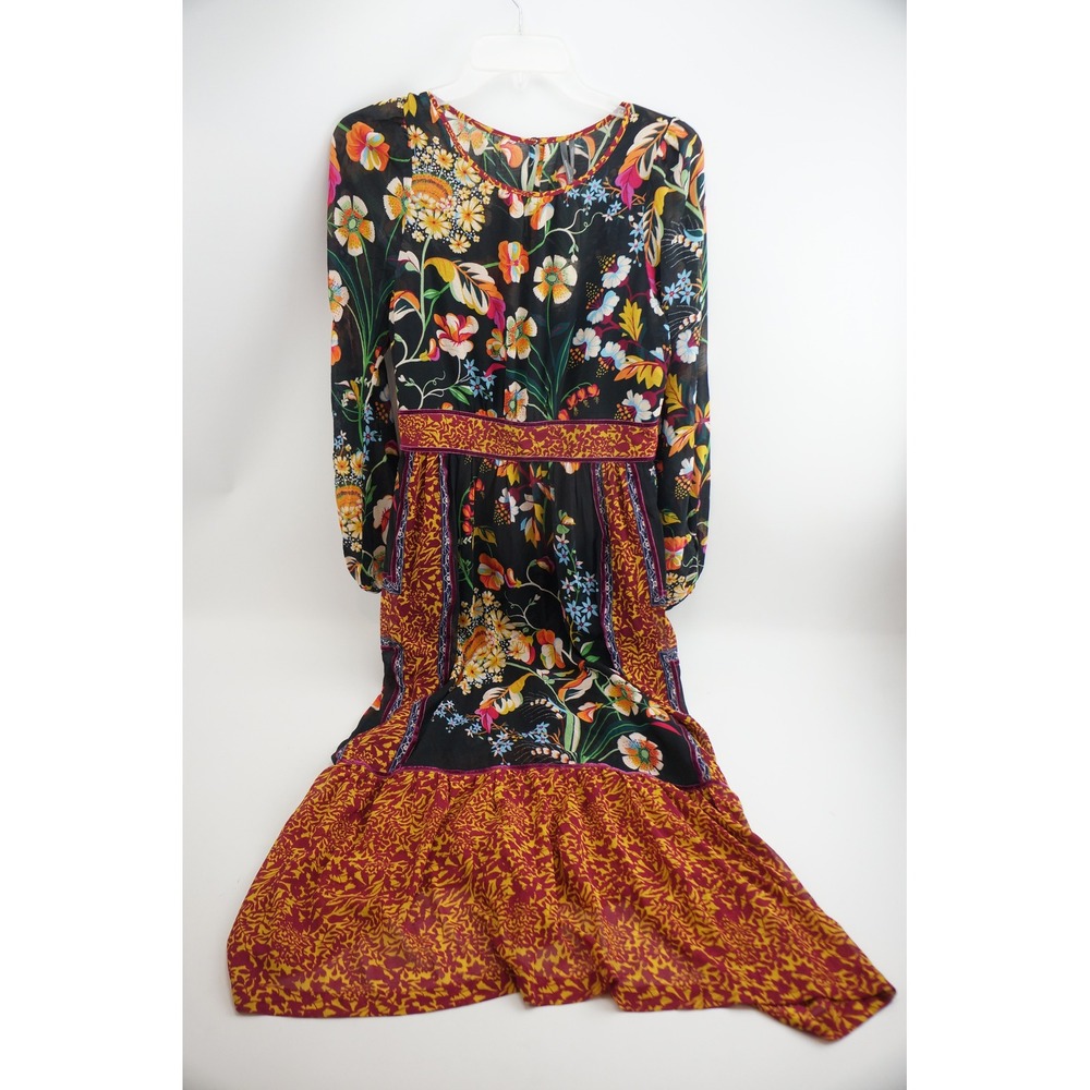 Anthropologie Maxi Dress Size 6 Black Floral Long Sleeve Tiered New